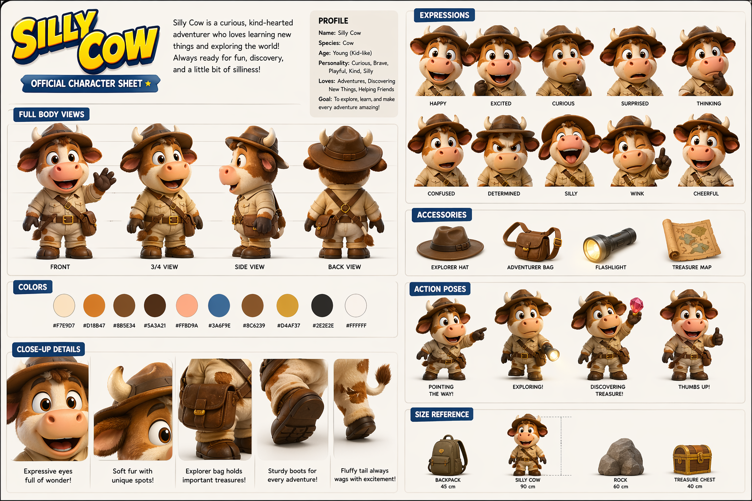 Silly Cow character sheet — a brown-and-cream cow explorer in a safari hat, satchel, and boots, shown from multiple angles
